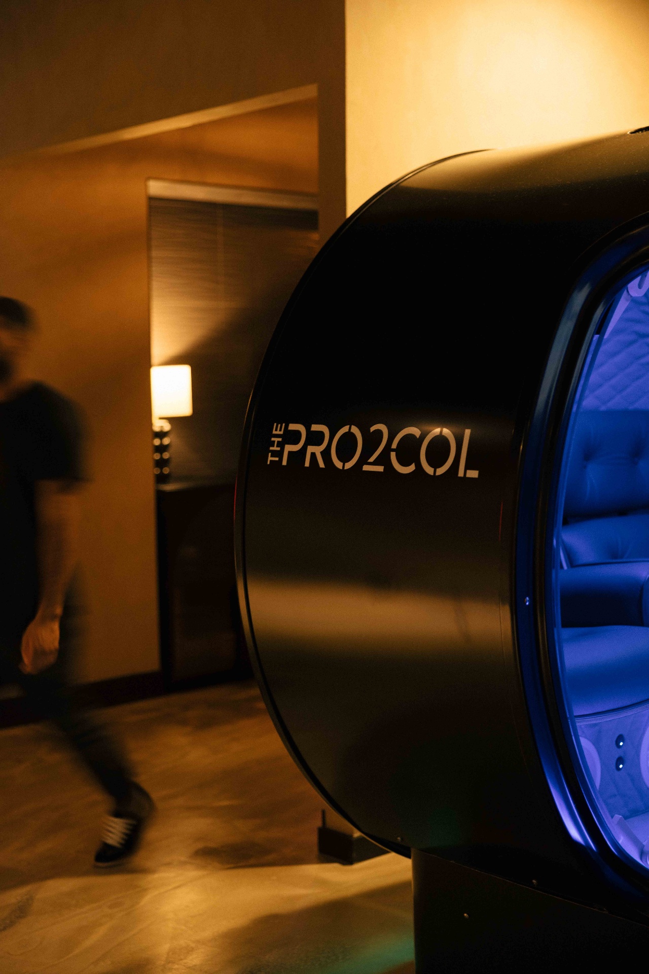 The Pro2col's clinical-grade hard-shell hyperbaric oxygen chamber with Pro2col branding