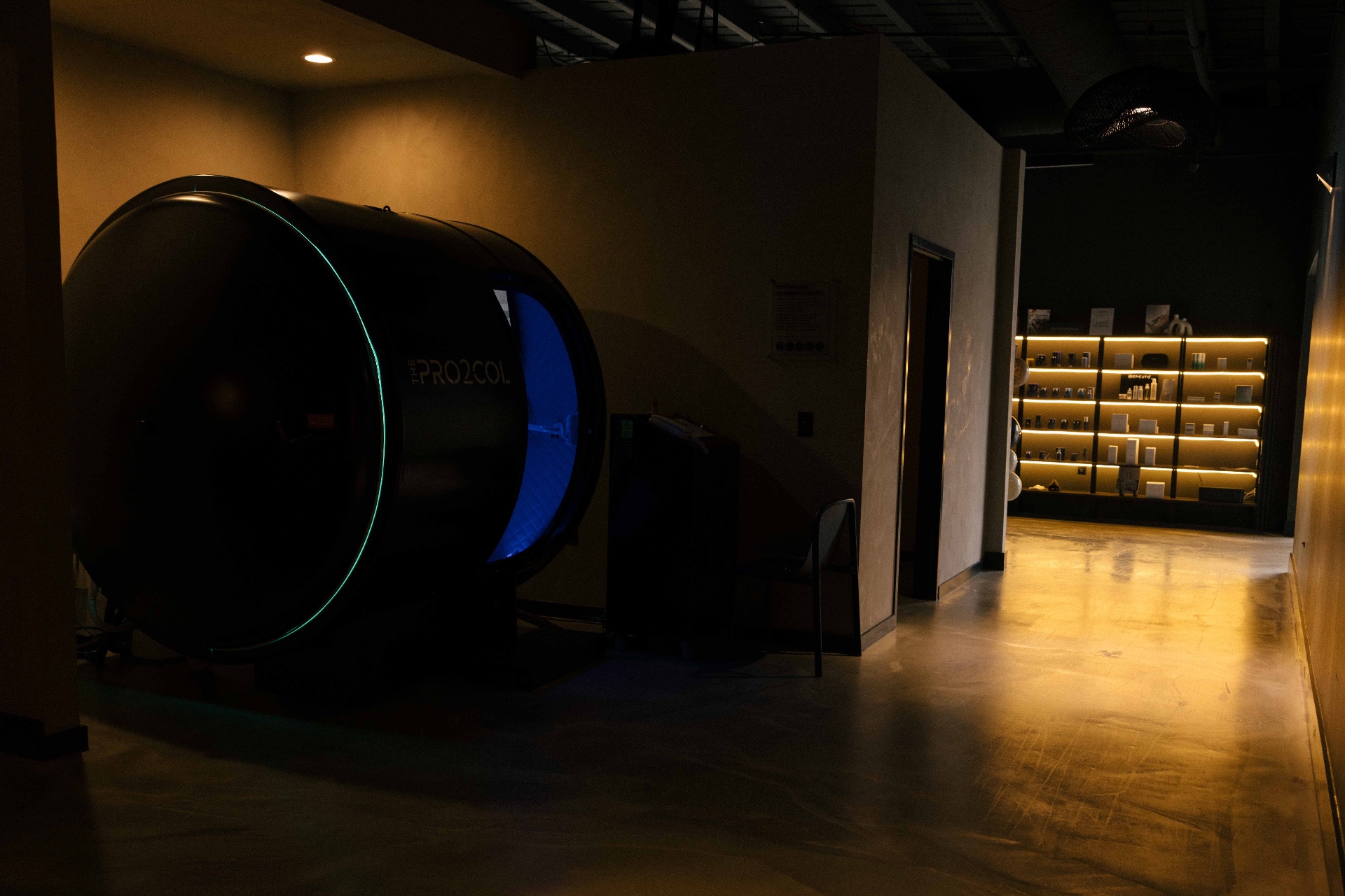 The Pro2col's clinical-grade hard-shell hyperbaric oxygen chamber with Pro2col branding